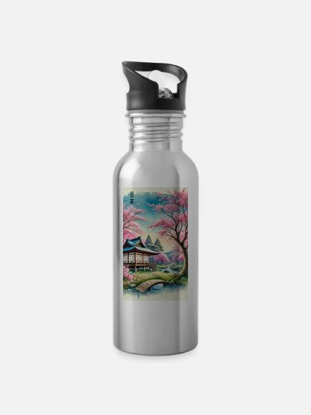 Japan church flowers otaku design - Water bottle with straw - silver