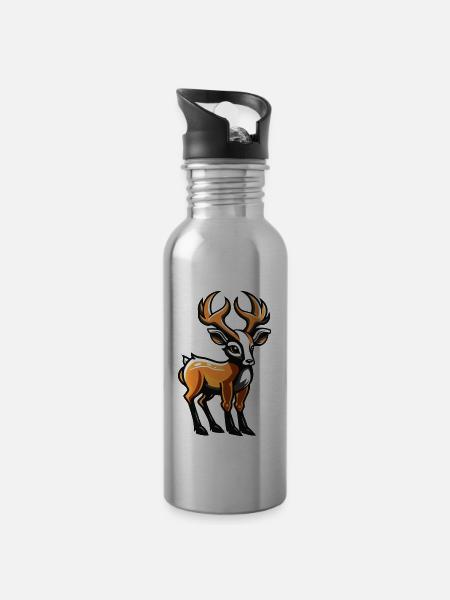 Hirsch Comic - Trinkflasche mit integriertem Trinkhalm - Lightsilver