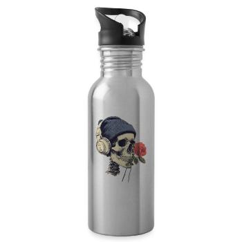 Skull with headphones and rose - Water bottle with straw - silver - Right