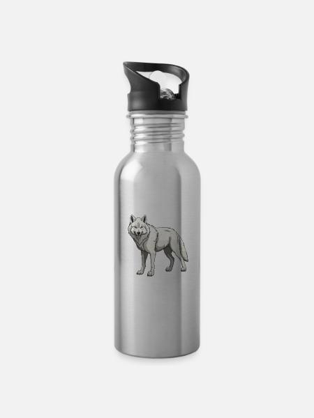 Wolf Tier - Trinkflasche mit integriertem Trinkhalm - Lightsilver