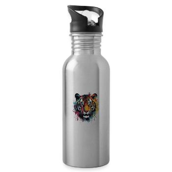 Tiger Animal Pop Art Head - Water bottle with straw - silver - Right
