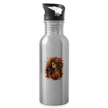 Herbst Frau Natur Blätter Jahreszeit - Trinkflasche mit integriertem Trinkhalm - Lightsilver - Rechts