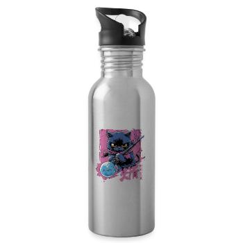 Japanische Katze Samurai Style für Katzen Fans - Trinkflasche mit integriertem Trinkhalm - Lightsilver - Rechts