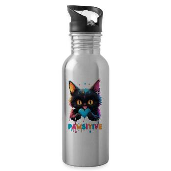 Chat kawaii - Coulures multicolores stay pawsitive - Gourde avec paille intégrée - argent clair - Droite