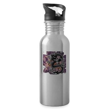 Dragon Mythical Creatures with Lotus Flowers Japanese - Water bottle with straw - silver - Right
