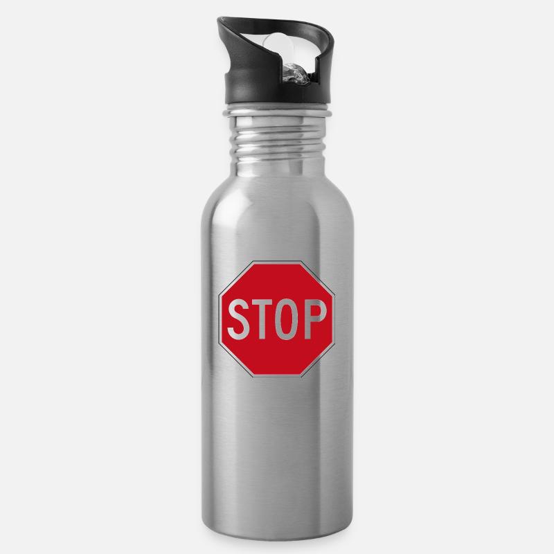 Stoppschild - Trinkflasche mit integriertem Trinkhalm - Lightsilver