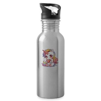 Shy Unicorn, Girl Birthday Gift, Animal - Water bottle with straw - silver - Right