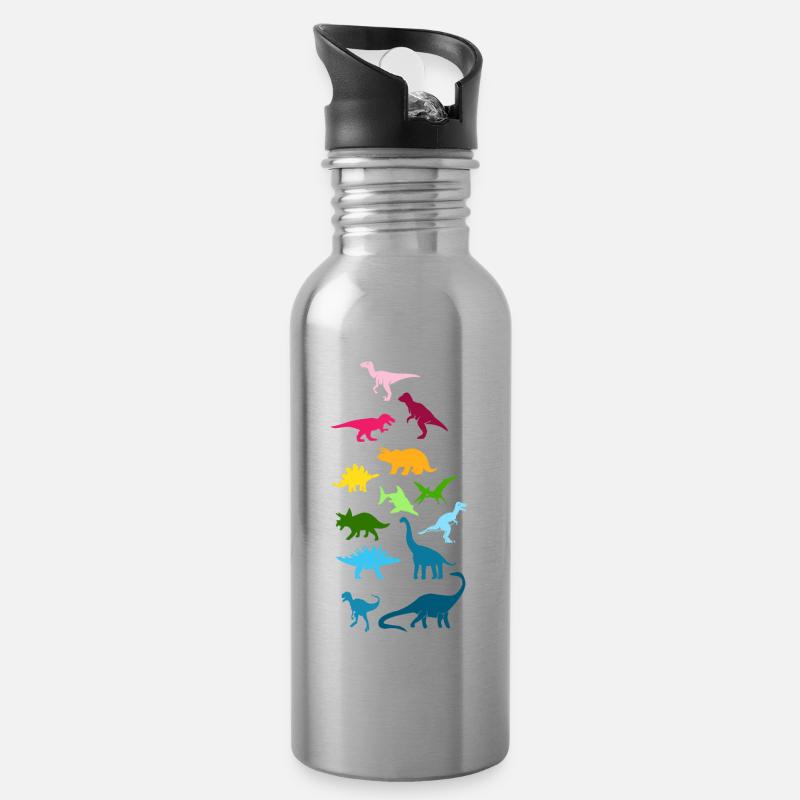 Bunte Dinosaurier - Trinkflasche mit integriertem Trinkhalm - Lightsilver