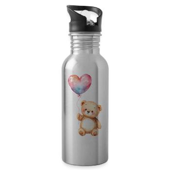 Teddy aquarelle avec ballon coeur - Gourde avec paille intégrée - argent clair - Droite