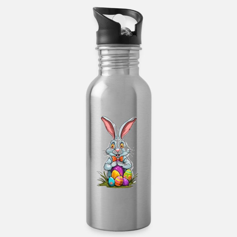 Osterhase / Ostern / Eier / Feiertage / Osterfest - Trinkflasche mit integriertem Trinkhalm - Lightsilver