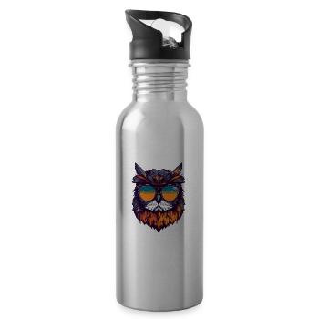 Eule Kopf Porträt Cool - Trinkflasche mit integriertem Trinkhalm - Lightsilver - Rechts