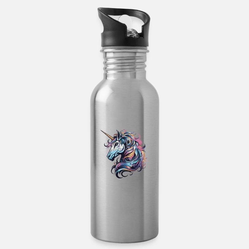Einhorn Porträt - Trinkflasche mit integriertem Trinkhalm - Lightsilver