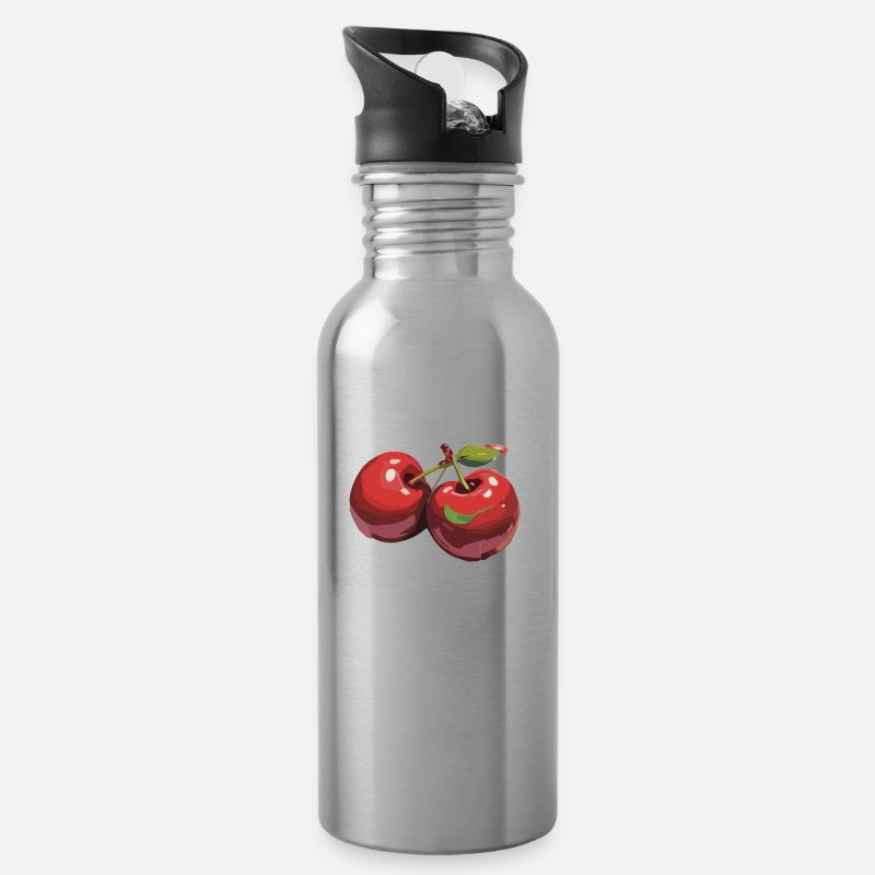 Rote Kirsche Cherries Kirschen Cherry - Trinkflasche mit integriertem Trinkhalm - Lightsilver
