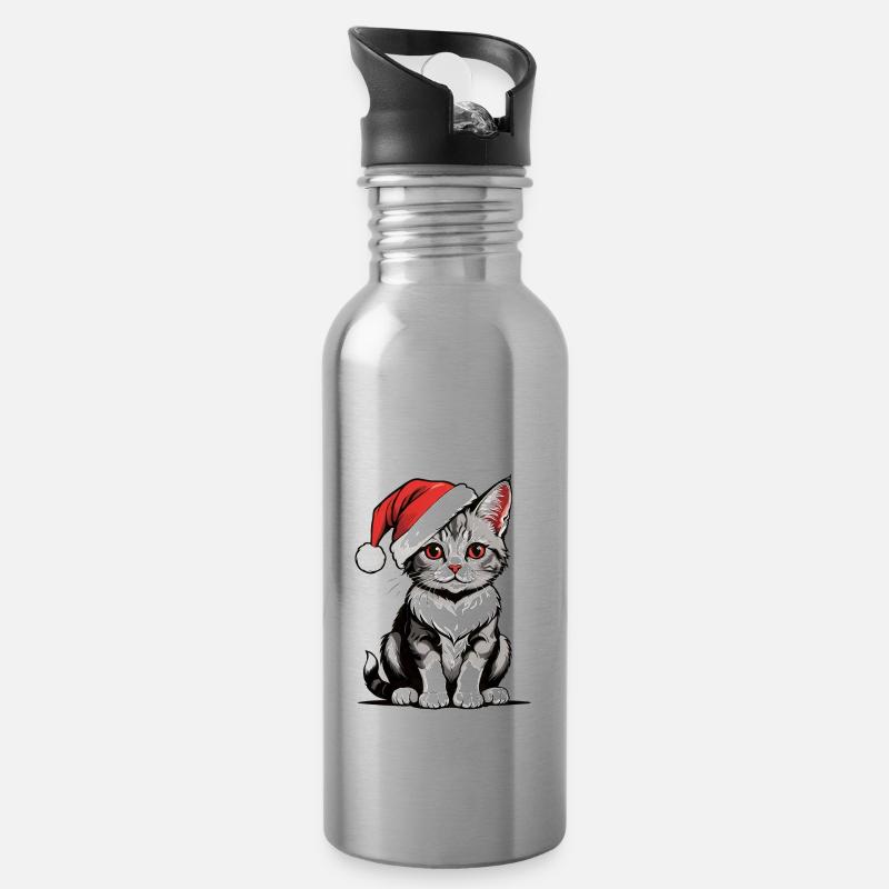 Weihnachtskatze Weihnachtsmann Katze Cat Geschenk - Trinkflasche mit integriertem Trinkhalm - Lightsilver