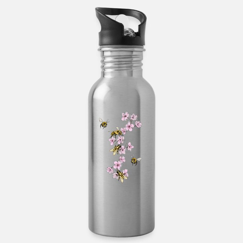 Bienen an Kirschenblüten - Trinkflasche mit integriertem Trinkhalm - Lightsilver