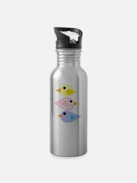 Vögel - Trinkflasche mit integriertem Trinkhalm - Lightsilver