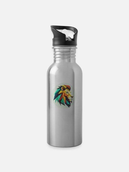 Löwenkopf - Trinkflasche mit integriertem Trinkhalm - Lightsilver