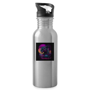 Tiger with neon colors, synthwave / 80s - Water bottle with straw - silver - Right
