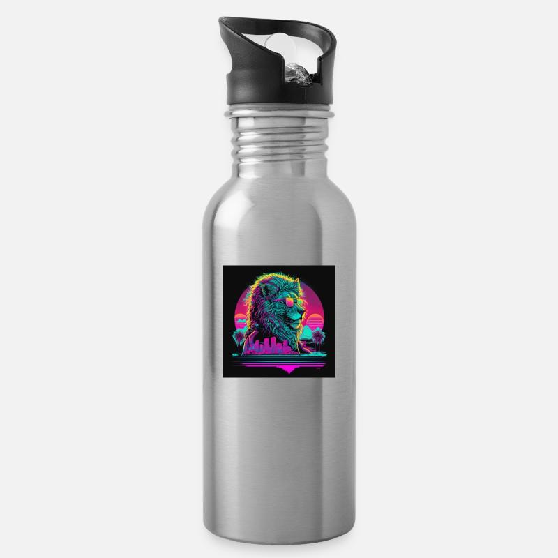 Löwe mit Neonfarben, Synthwave / 80er Jahre - Trinkflasche mit integriertem Trinkhalm - Lightsilver