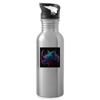 Rhinoceros with neon colors, synthwave / 80s - Water bottle with straw - silver - Right