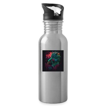 Peacock with neon colors, synthwave / 80s - Water bottle with straw - silver - Right
