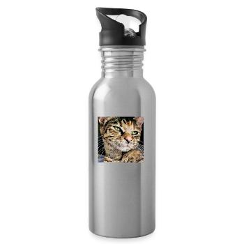 Tabby cat portrait - Water bottle with straw - silver - Right