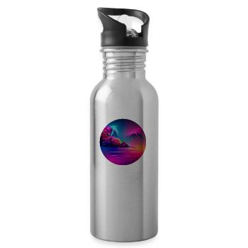 Synthwave illustration with palm trees silhouettes - Water bottle with straw - silver - Right