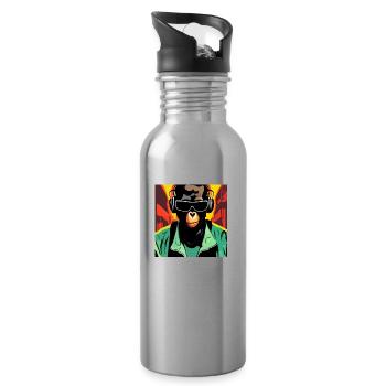 Affe hört Musik mit Kopfhörern - Trinkflasche mit integriertem Trinkhalm - Lightsilver - Rechts