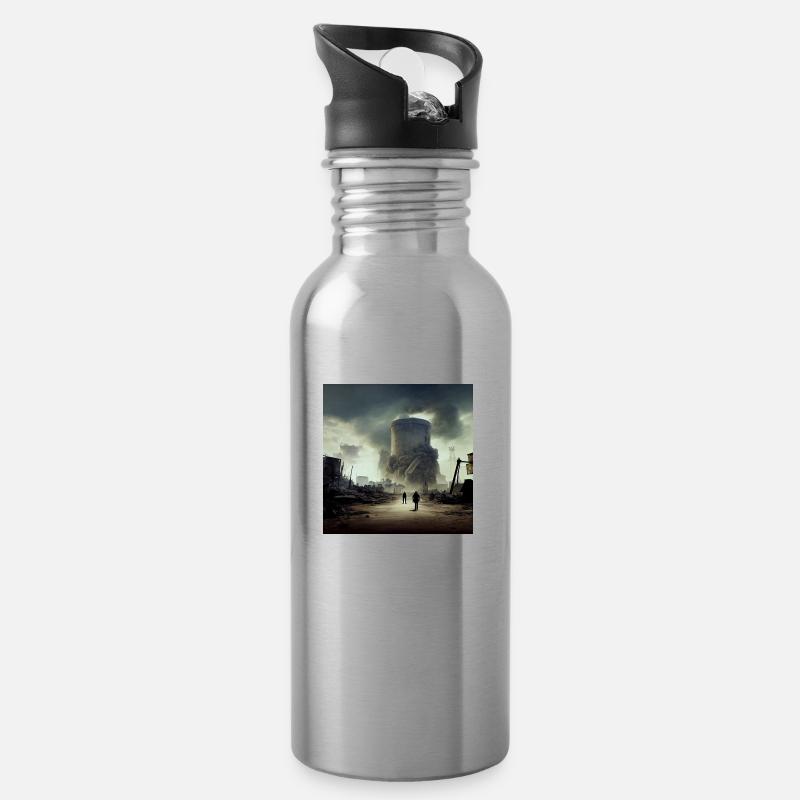 Atomkraftwerk Fallout - Trinkflasche mit integriertem Trinkhalm - Lightsilver