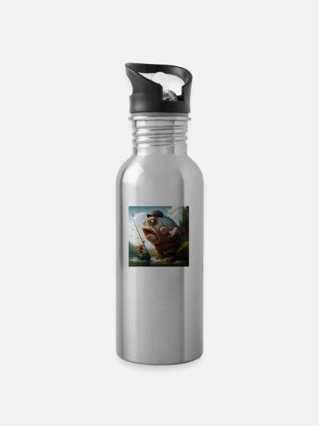 Angler Karikatur - Trinkflasche mit integriertem Trinkhalm - 