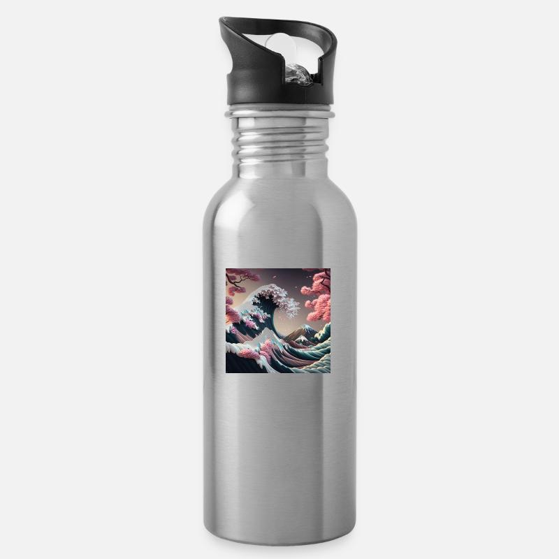 Blumen-Tsunami am Fuji - Trinkflasche mit integriertem Trinkhalm - Lightsilver