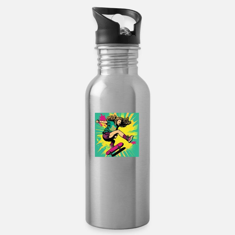 Skater-Mädchen - Trinkflasche mit integriertem Trinkhalm - Lightsilver