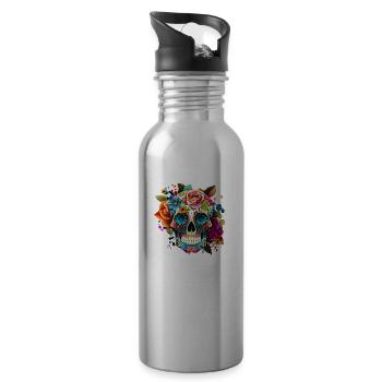 Skull Flowers Colorful - Water bottle with straw - silver - Right
