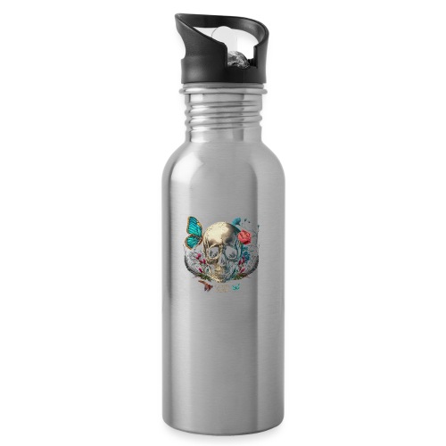 carpe diem - Totenkopf, Schmetterling, Blumen - Trinkflasche mit integriertem Trinkhalm