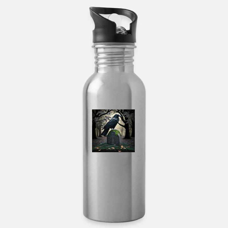 Schwarzer Rabe auf Grabstein, Illustration - Trinkflasche mit integriertem Trinkhalm - Lightsilver