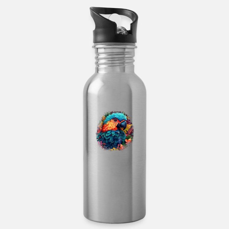 Bunter Papagei - Trinkflasche mit integriertem Trinkhalm - Lightsilver