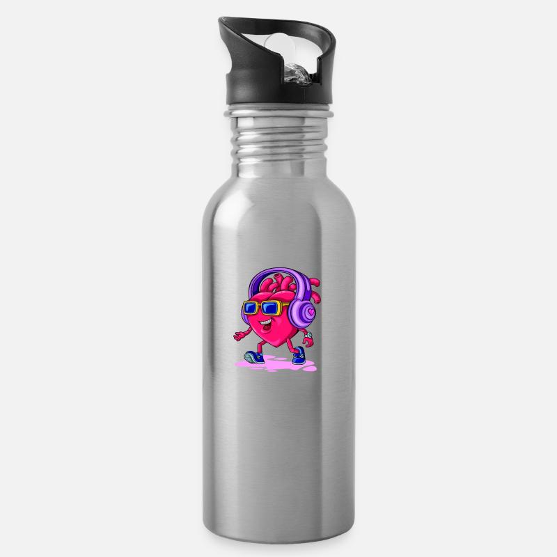 Valeewear - Fröhliches Herz mit Kopfhörern - Trinkflasche mit integriertem Trinkhalm - Lightsilver