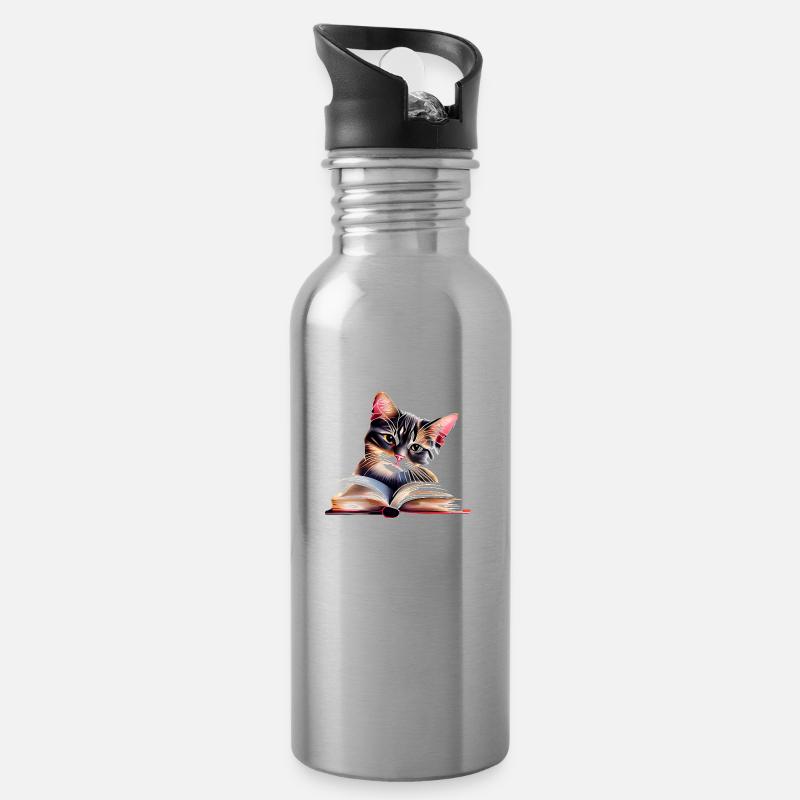 Katze Kater Buch Kätzchen Bücher Lesen Hauskatze - Trinkflasche mit integriertem Trinkhalm - Lightsilver