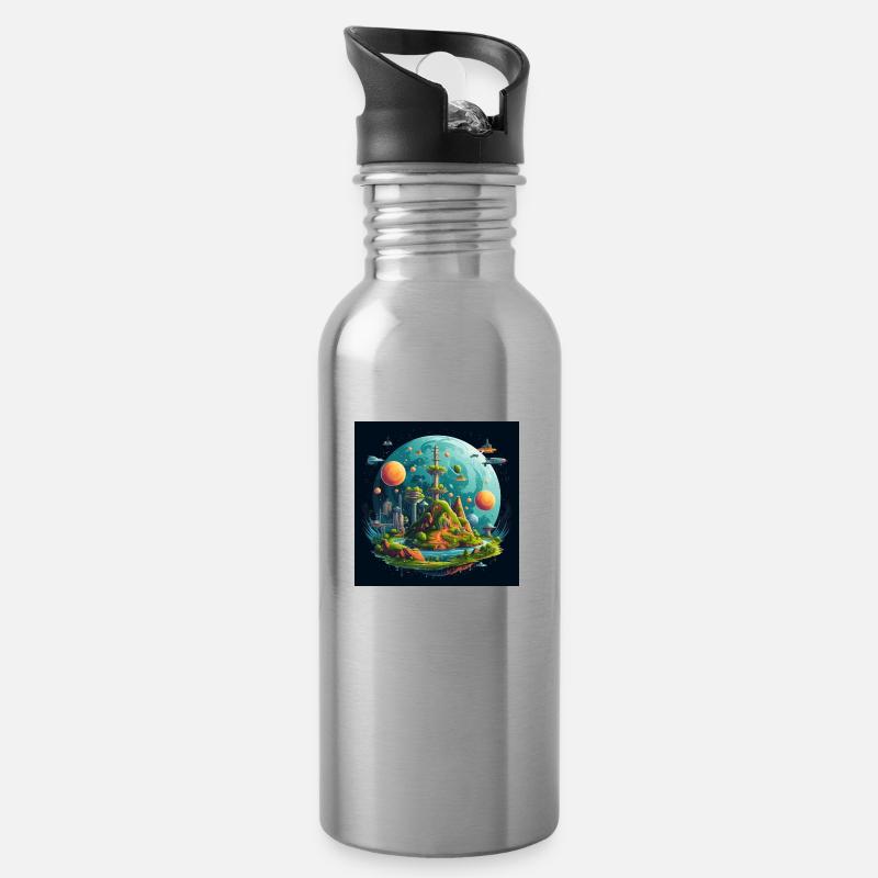 Sonnensystem Flache Erde - Trinkflasche mit integriertem Trinkhalm - Lightsilver
