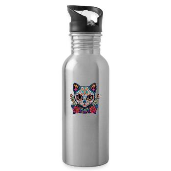 chat mexique - dia de los muertos - Gourde avec paille intégrée - argent clair - Droite