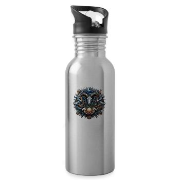 Mystical Ram and Ocean Creatures Illustration - Water bottle with straw - silver - Right