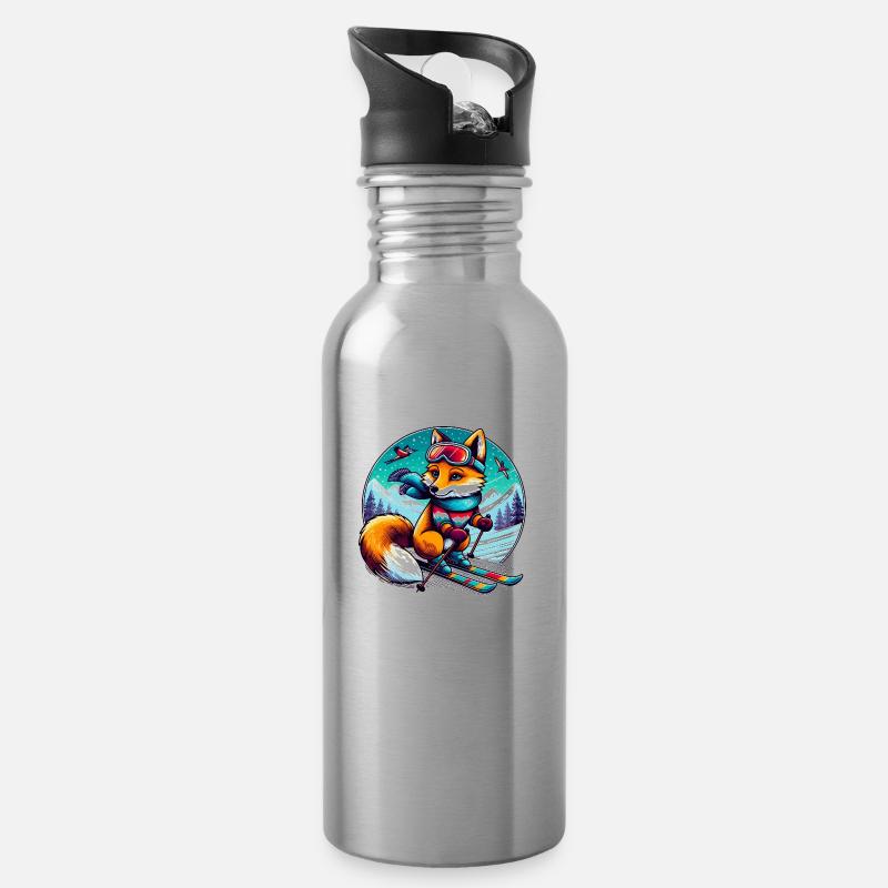 Fuchs mit Ski - Trinkflasche mit integriertem Trinkhalm - Lightsilver