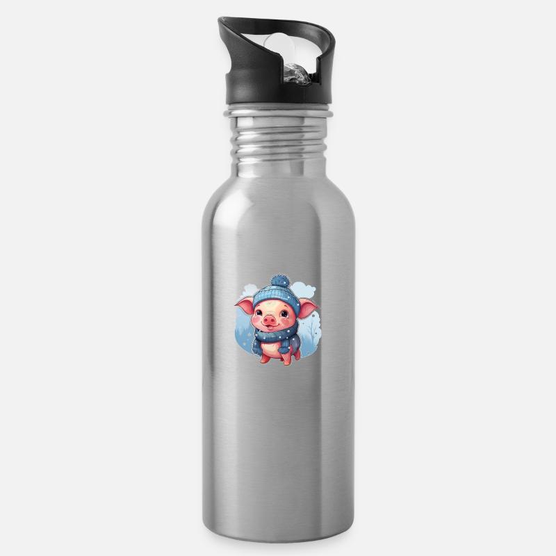 Fröhliches Schneeschweinchen - Trinkflasche mit integriertem Trinkhalm - Lightsilver