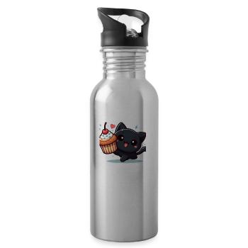 Sweet Kitty Black Cheerful with Muffin - Water bottle with straw - silver - Right