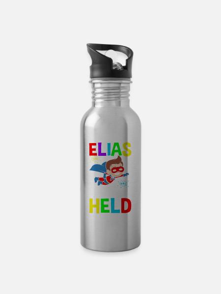 Schulkind Elias 1. Klasse Held - Trinkflasche mit integriertem Trinkhalm - Lightsilver