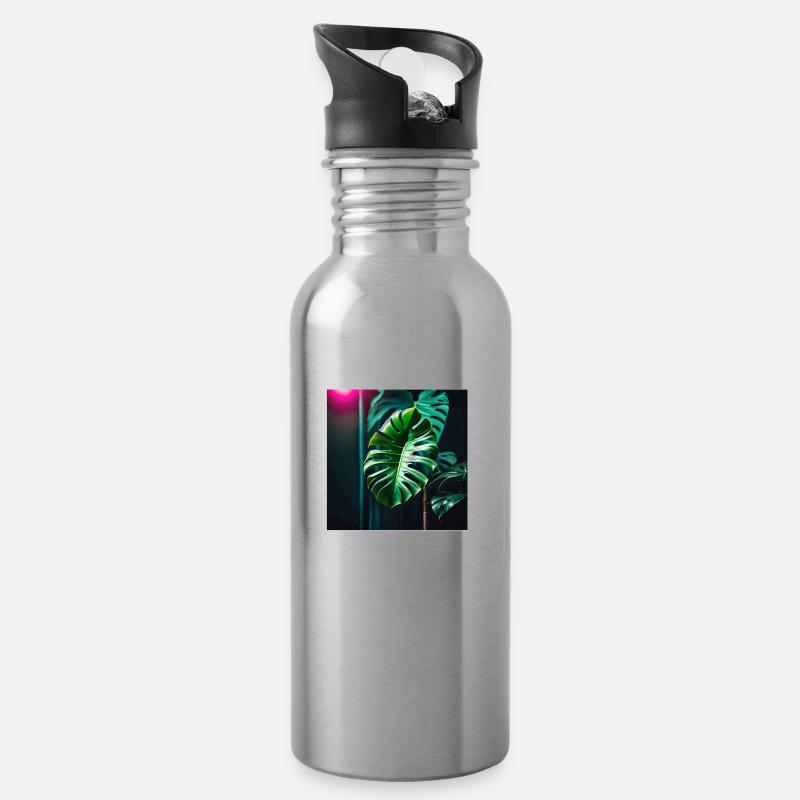 Monstera Leafs#2 - Trinkflasche mit integriertem Trinkhalm - Lightsilver