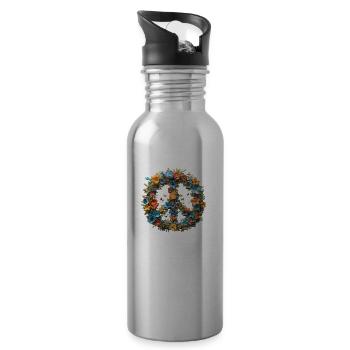 Peace Sign Flowers Peace Pacifism - Water bottle with straw - silver - Right