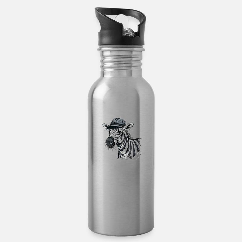 Cute Zebra with Hat - Water bottle with straw - silver