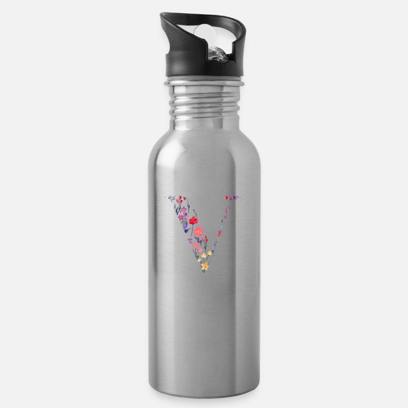 Personalisierter Blumenbuchstabe V - Geschenkidee - Trinkflasche mit integriertem Trinkhalm - Lightsilver