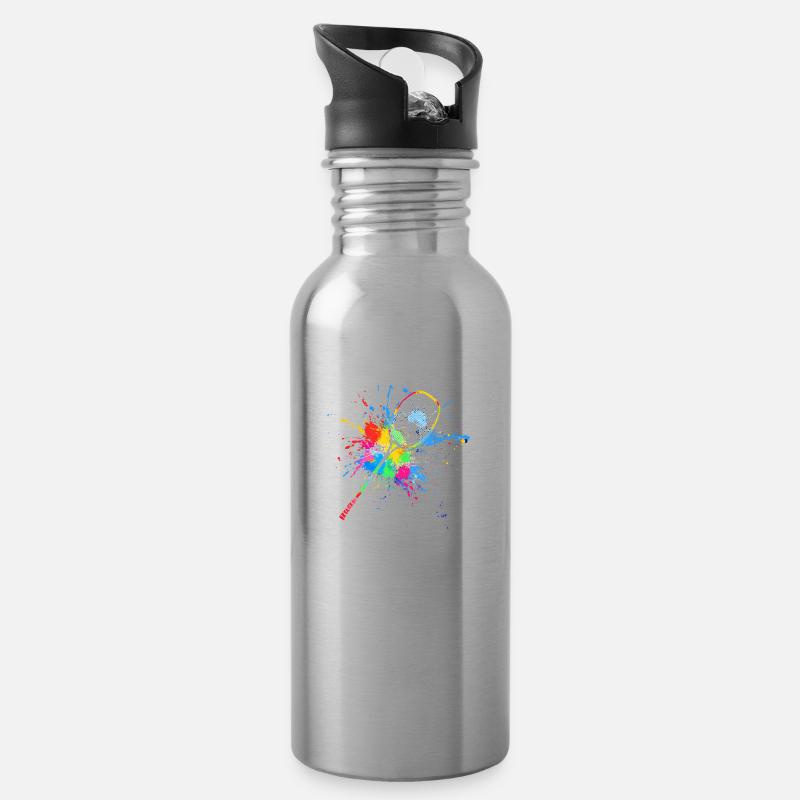 Bunter Badminton Schläger Federball - Trinkflasche mit integriertem Trinkhalm - Lightsilver